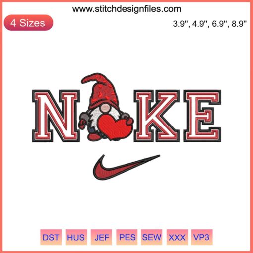 Nike Gnome Heart Embroidery Design - Valentine-themed digital gnome stitching with heart motif, perfect for unique gifts.