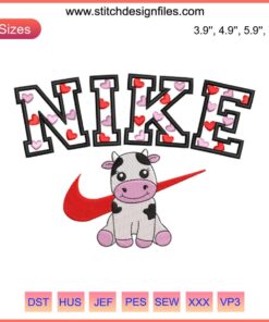 Valentine Nike Dairy Cow Embroidery Design - Digital Stitching Pattern, Heart Details, Unique Gift Idea, High-Quality Download