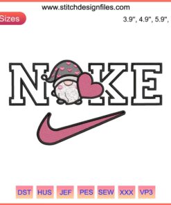 Gnome Heart Valentine Nike Embroidery Design: Gnome holding a heart with Nike logo, perfect for Valentine's Day digital stitching.