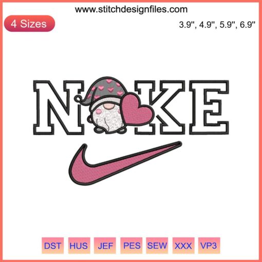 Gnome Heart Valentine Nike Embroidery Design: Gnome holding a heart with Nike logo, perfect for Valentine's Day digital stitching.
