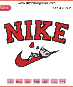 Snoopy sleeping on Nike logo embroidery design, perfect for Valentine's digital stitching project. Snoopy Valentine decor.