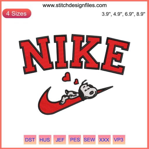 Snoopy sleeping on Nike logo embroidery design, perfect for Valentine's digital stitching project. Snoopy Valentine decor.