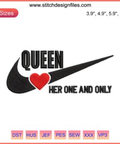 Queen Her One and Only Embroidery Design featuring crown motif, King and Queen Digital Stitching, intricate royal pattern.