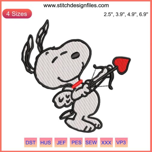 Snoopy Cupid Valentine Embroidery Design: Peanuts Snoopy digital stitching, cute love-themed pattern, perfect for Valentine's crafting.