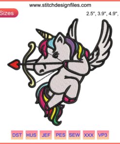 Cupid Unicorn Embroidery Design - Digital Valentine's Day Stitching, Heart and Arrow Theme, Perfect for Unicorn Lovers.
