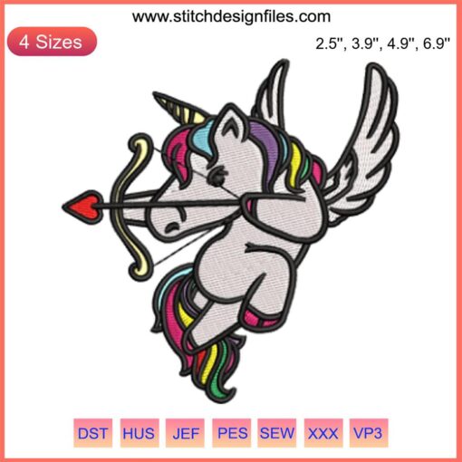 Cupid Unicorn Embroidery Design - Digital Valentine's Day Stitching, Heart and Arrow Theme, Perfect for Unicorn Lovers.