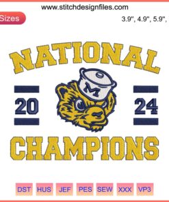 "Michigan Wolverines 2024 National Champions Embroidery Design, NCAA College Football Digital Stitching"