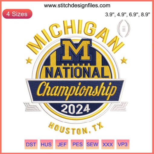2024 Michigan Wolverines National Championship Embroidery Design, Football Digital Stitching, College Sports Logo
