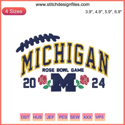 Michigan Rose Bowl Champions 2024 Embroidery Design: Blue & Maize Stitching, Wolverine Logo, Perfect Gift for Fans
