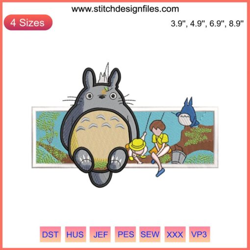 Totoro Fishing Embroidery Design: My Neighbor Totoro Anime, Digital Stitching, Friends, Whimsical, Cute Embroidery Pattern
