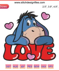 Eeyore Valentine Embroidery Design: Sanrio Valentine's Day Digital Stitching with heart accents, perfect for romantic crafting.