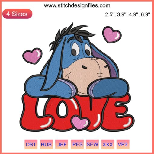 Eeyore Valentine Embroidery Design: Sanrio Valentine's Day Digital Stitching with heart accents, perfect for romantic crafting.