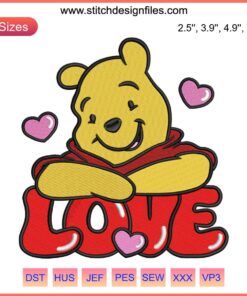 Love Pooh Bear Valentine Embroidery Design - Cute Valentine’s Day Digital Stitching, Adorable Bear Holding Heart Patch Pattern