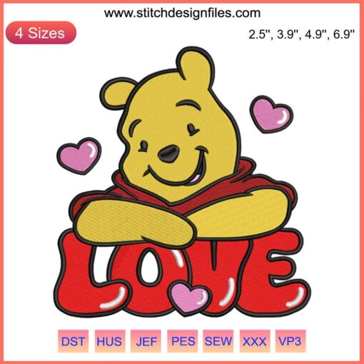 Love Pooh Bear Valentine Embroidery Design - Cute Valentine’s Day Digital Stitching, Adorable Bear Holding Heart Patch Pattern