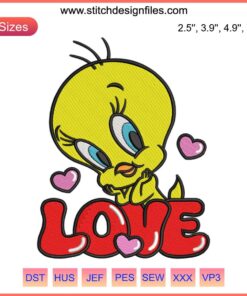 Cute Tweety Bird Valentine Embroidery Design with Hearts | Digital Stitching for Valentine's Day | Adorable Cartoon Love Motif