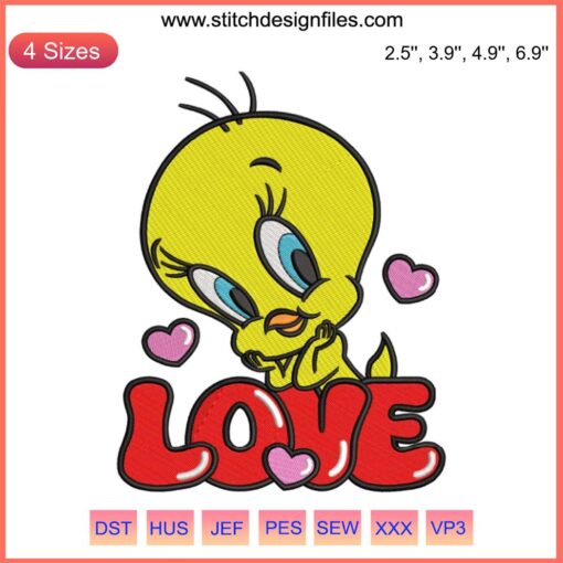 Cute Tweety Bird Valentine Embroidery Design with Hearts | Digital Stitching for Valentine's Day | Adorable Cartoon Love Motif