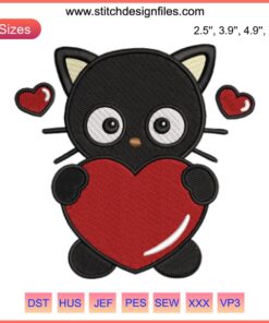 Chococat Valentine Sanrio Heart Embroidery Design - Cute digital stitching featuring Chococat holding a heart, perfect for Valentine's Day.