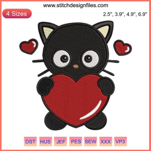 Chococat Valentine Sanrio Heart Embroidery Design - Cute digital stitching featuring Chococat holding a heart, perfect for Valentine's Day.