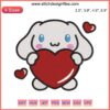 Cinnamoroll holding heart embroidery design, Valentine Sanrio digital stitching, cute cartoon dog, kawaii Valentine's motif.