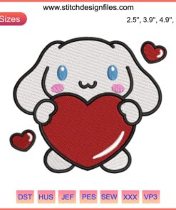 Cinnamoroll holding heart embroidery design, Valentine Sanrio digital stitching, cute cartoon dog, kawaii Valentine's motif.