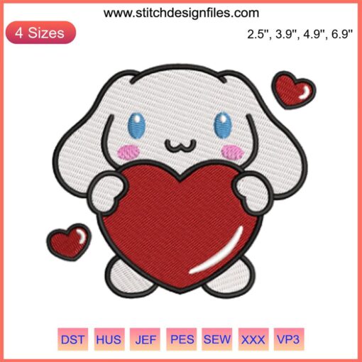 Cinnamoroll holding heart embroidery design, Valentine Sanrio digital stitching, cute cartoon dog, kawaii Valentine's motif.