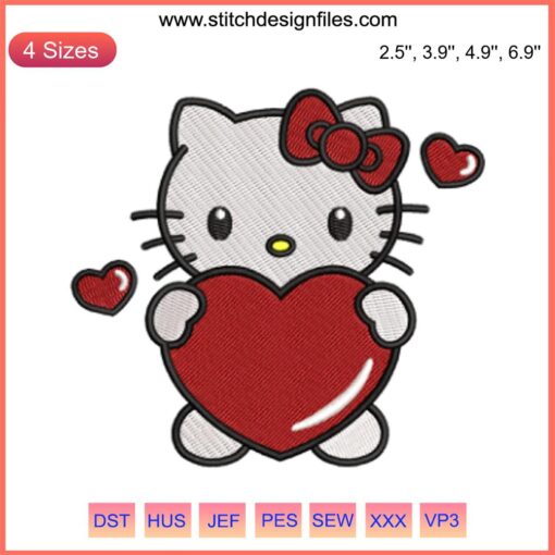 Hello Kitty with Heart Embroidery Design | Cute Valentine Sanrio Digital Stitching for Crafts
