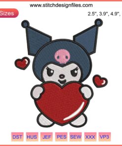 Kuromi Heart Embroidery Design: Valentine's Sanrio Digital Stitching, Cute Character with Heart, Love-Themed Pattern.