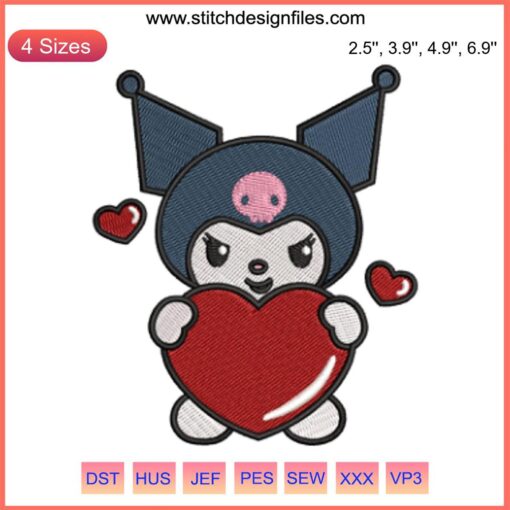 Kuromi Heart Embroidery Design: Valentine's Sanrio Digital Stitching, Cute Character with Heart, Love-Themed Pattern.