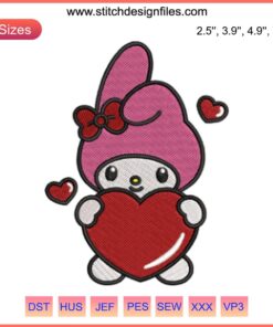 My Melody with Heart Embroidery Design, Sanrio Valentine Stitching, Cute Digital Pattern, Heart Motif, My Melody Embroidery