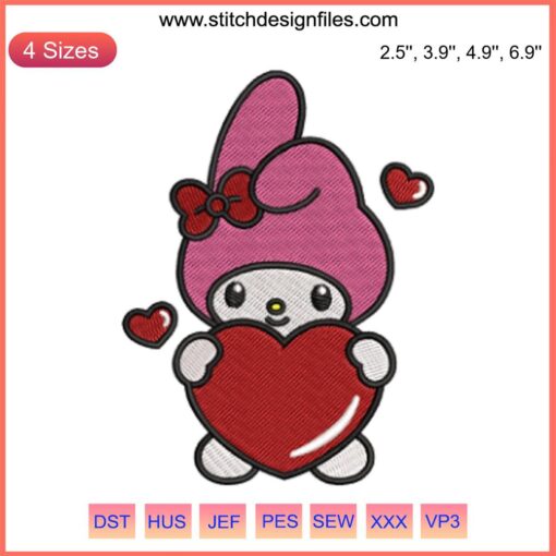 My Melody with Heart Embroidery Design, Sanrio Valentine Stitching, Cute Digital Pattern, Heart Motif, My Melody Embroidery