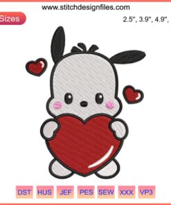 Pochacco Heart Embroidery Design Sanrio Valentine Digital Stitching | Cute Puppy Valentine's Embroidery Pattern