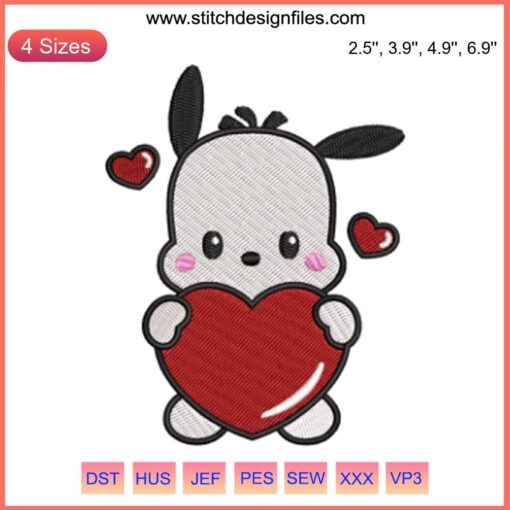 Pochacco Heart Embroidery Design Sanrio Valentine Digital Stitching | Cute Puppy Valentine's Embroidery Pattern