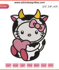Hello Kitty as a cute cow with a heart, Valentine cartoon embroidery design, digital stitching, adorable character art.