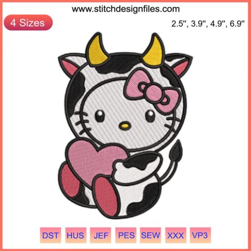 Hello Kitty as a cute cow with a heart, Valentine cartoon embroidery design, digital stitching, adorable character art.