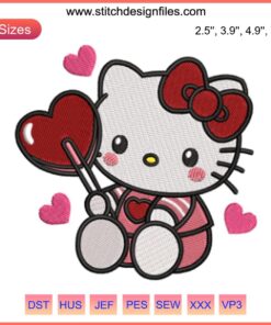 Hello Kitty Candy Hearts Valentine's Day Embroidery Design, digital stitching of Hello Kitty with colorful hearts, perfect for crafts.