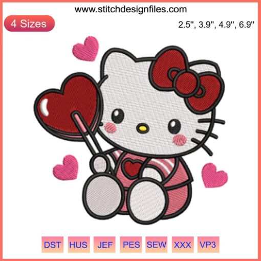 Hello Kitty Candy Hearts Valentine's Day Embroidery Design, digital stitching of Hello Kitty with colorful hearts, perfect for crafts.