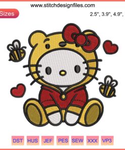 Hello Kitty dressed as Winnie the Pooh in a heart pattern embroidery, perfect for Valentine digital stitching project.