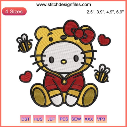 Hello Kitty dressed as Winnie the Pooh in a heart pattern embroidery, perfect for Valentine digital stitching project.