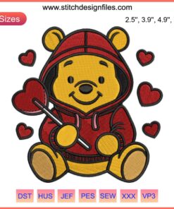 Cute Winnie The Pooh with Candy Hearts Embroidery Design for Valentine's Day | Digital Stitching Pattern | Adorable Pooh Bear Art