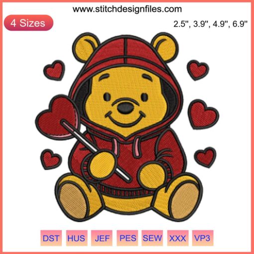 Cute Winnie The Pooh with Candy Hearts Embroidery Design for Valentine's Day | Digital Stitching Pattern | Adorable Pooh Bear Art