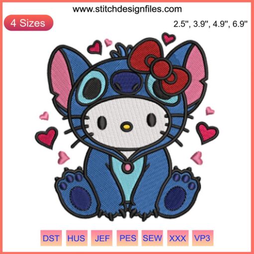 Hello Kitty Valentine Embroidery Design with Hearts, Digital Stitching, Cute Kitty Pattern for DIY Projects