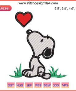 Snoopy holding a heart embroidery design, Valentine's Day Snoopy, cute digital stitching, Peanuts Valentine embroidery.