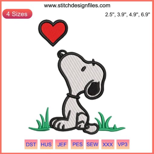 Snoopy holding a heart embroidery design, Valentine's Day Snoopy, cute digital stitching, Peanuts Valentine embroidery.