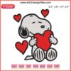 Snoopy Hugging Hearts Embroidery Design - Valentine Snoopy digital stitching; cute cartoon dog hugging red heart, festive pattern.