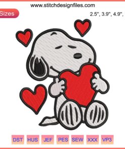 Snoopy Hugging Hearts Embroidery Design - Valentine Snoopy digital stitching; cute cartoon dog hugging red heart, festive pattern.