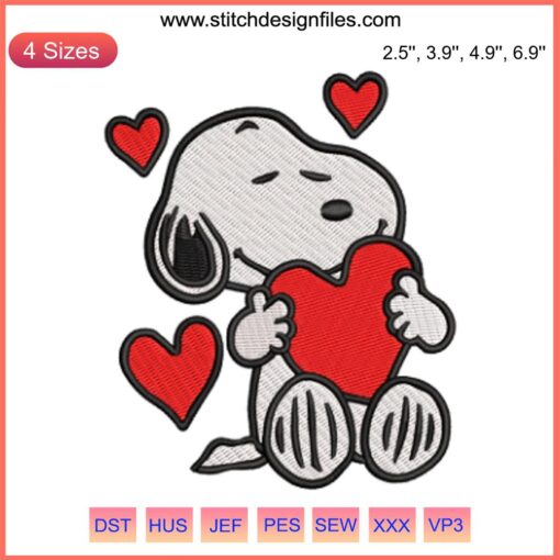Snoopy Hugging Hearts Embroidery Design - Valentine Snoopy digital stitching; cute cartoon dog hugging red heart, festive pattern.