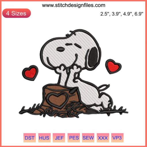 Snoopy Valentine's Day Heart Tree Embroidery Design | Cute Snoopy under heart-shaped tree | Digital Stitching Art