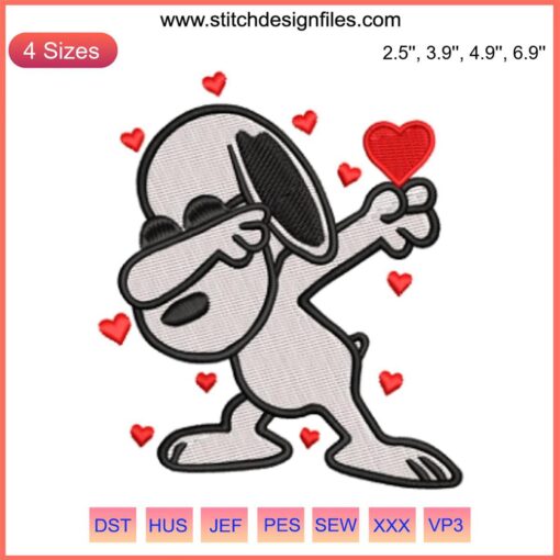 Dabbing Snoopy Valentine Embroidery Design featuring Snoopy in a dabbing pose, perfect for cartoon-themed digital stitching projects.