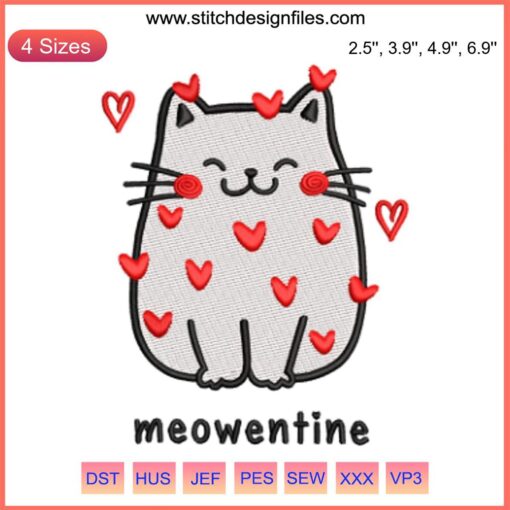 Adorable cat embroidery design with heart accents, perfect for Valentine's stitching projects. Meowentine feline love motif.