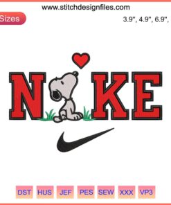Snoopy holding heart Nike embroidery design, Valentine's Day digital stitching pattern featuring beloved Peanuts character.